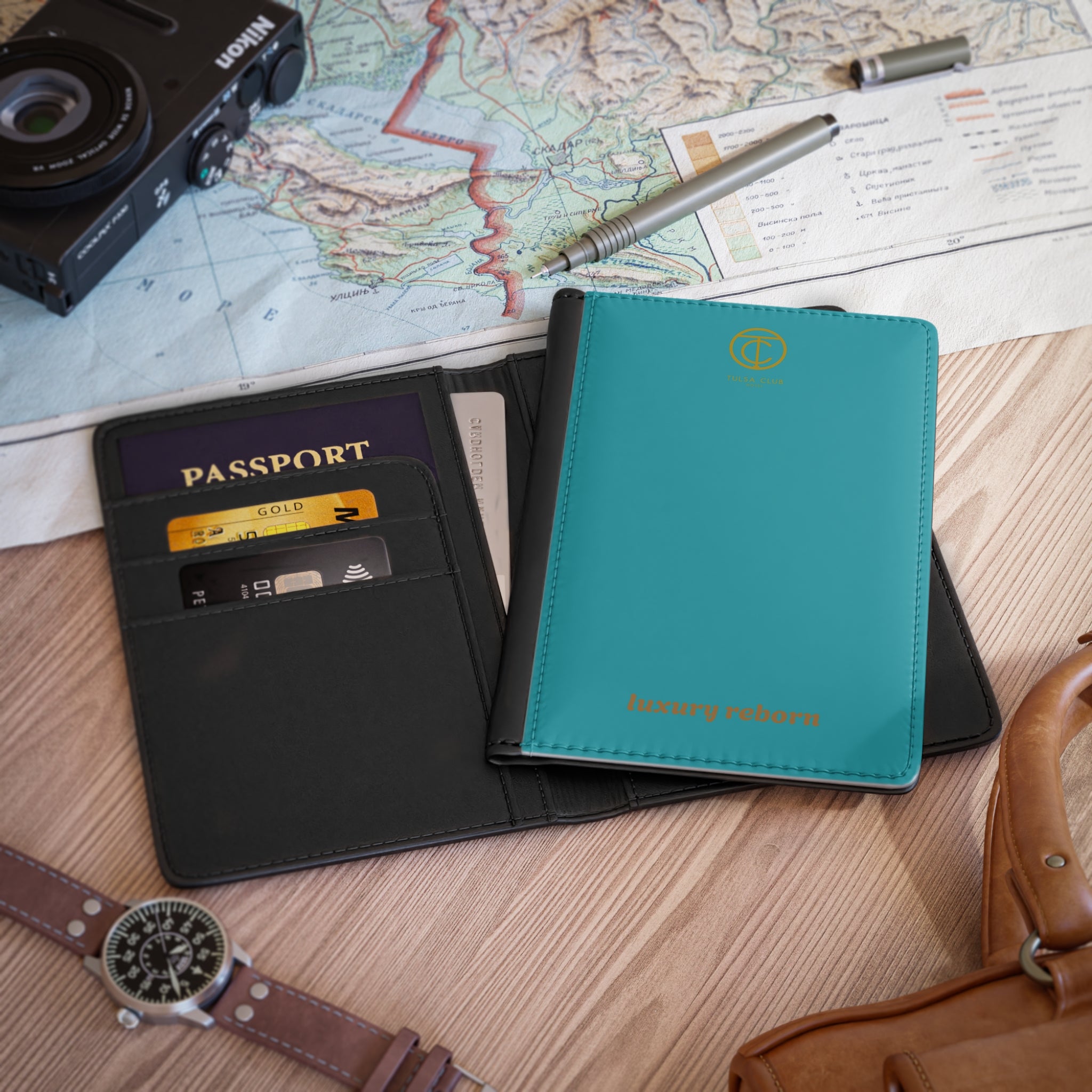 Teal & Black Leather Passport Cover – Embossed Gold Logo Travel Wallet