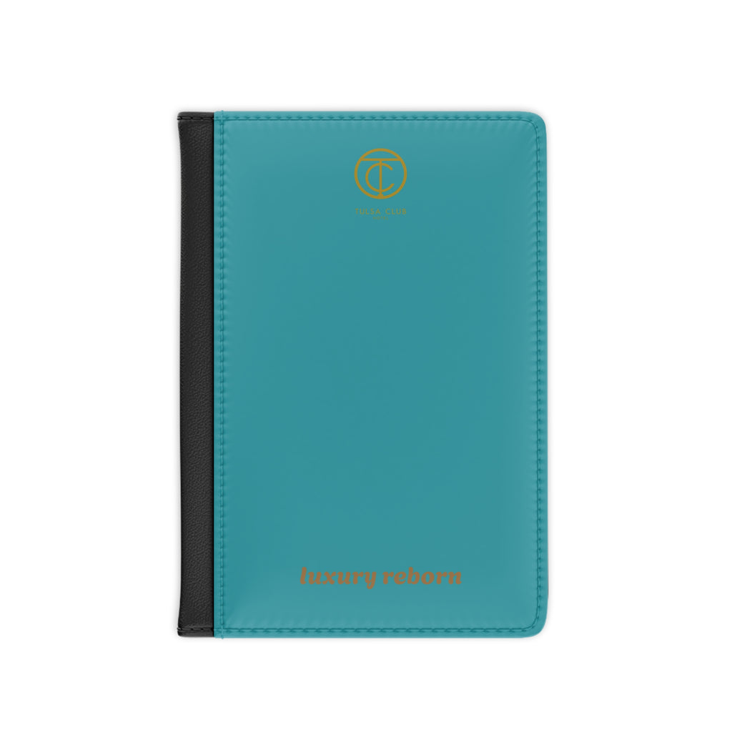 Teal & Black Leather Passport Cover – Embossed Gold Logo Travel Wallet