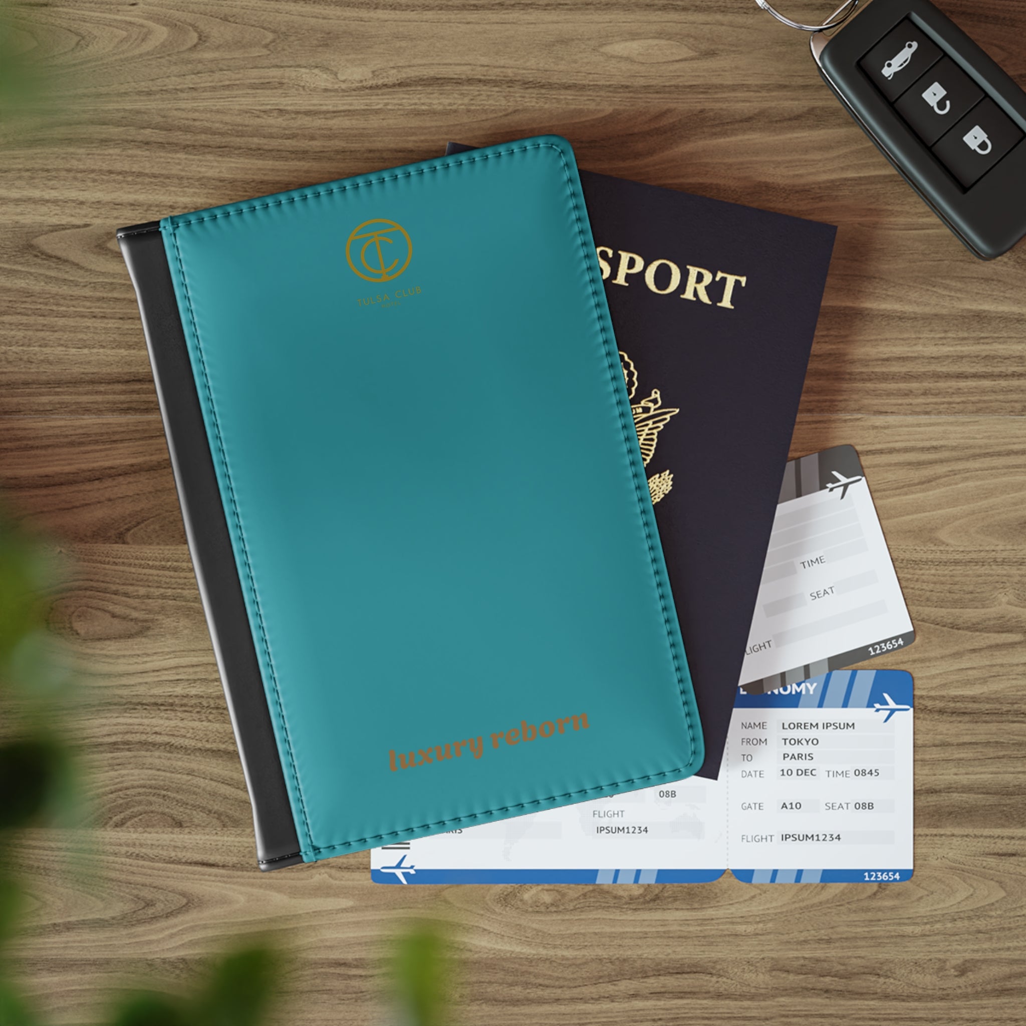 Teal & Black Leather Passport Cover – Embossed Gold Logo Travel Wallet
