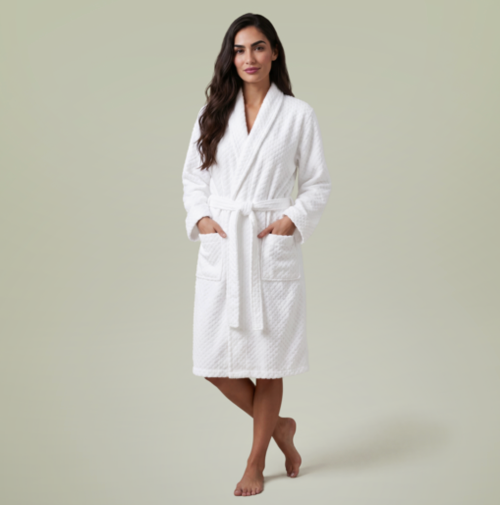 Custom embroidered white cotton terry shawl robe — hotel branded merchandise by SuiteGift