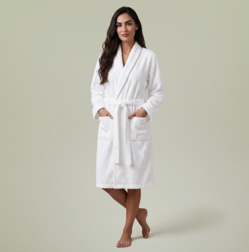 Custom embroidered white cotton terry shawl robe — hotel branded merchandise by SuiteGift