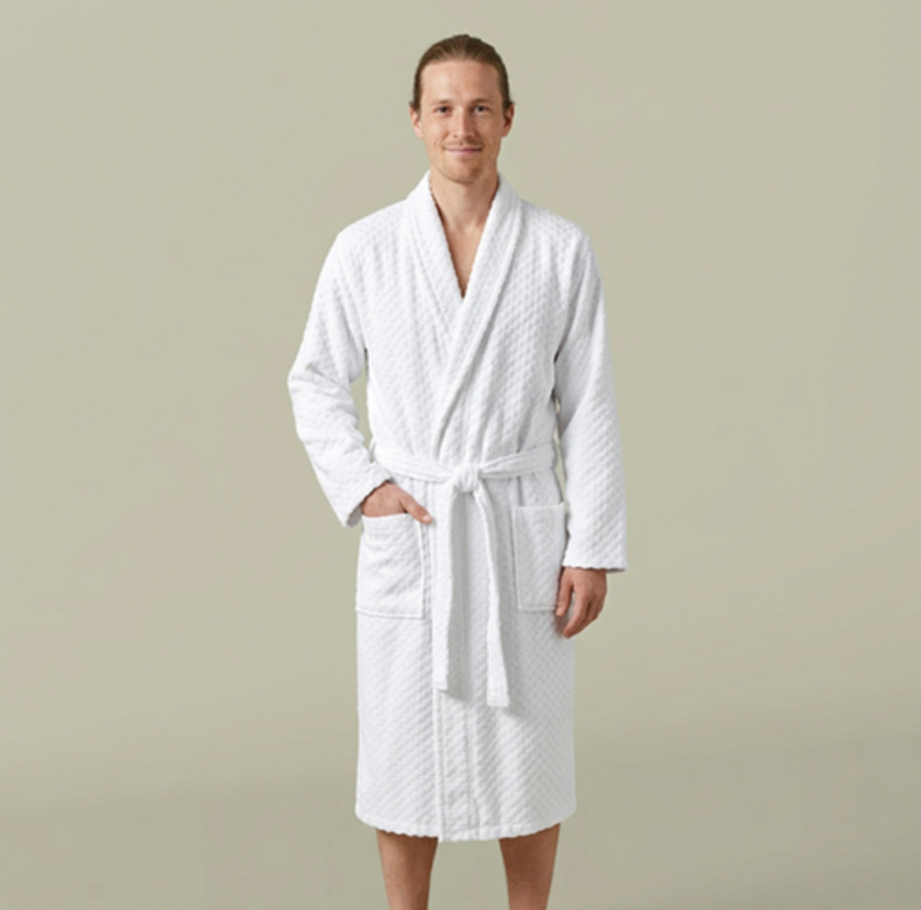 Men's hotel terry shawl robe with self-fabric belt — unisex S/M, L/XL