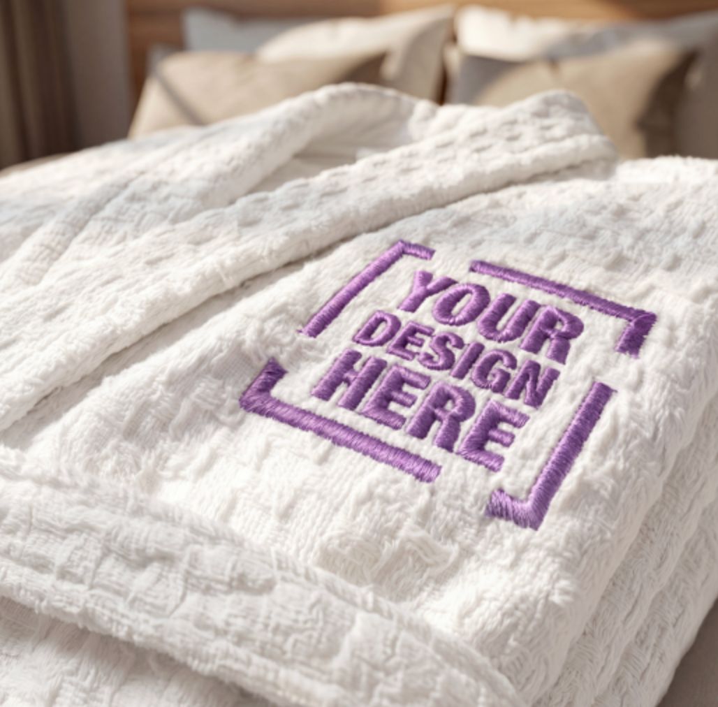 Hotel logo embroidery on terry cotton robe chest — white-label custom branding