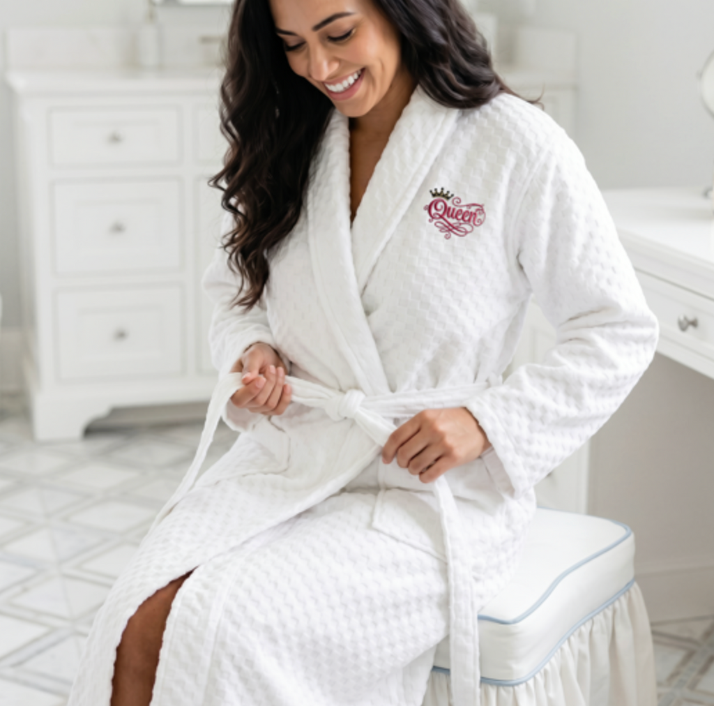 Woman wearing a white robe with 'Queen' embroidery in a bathroom setting