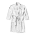 Custom embroidered white cotton terry shawl robe — hotel branded merchandise by SuiteGift