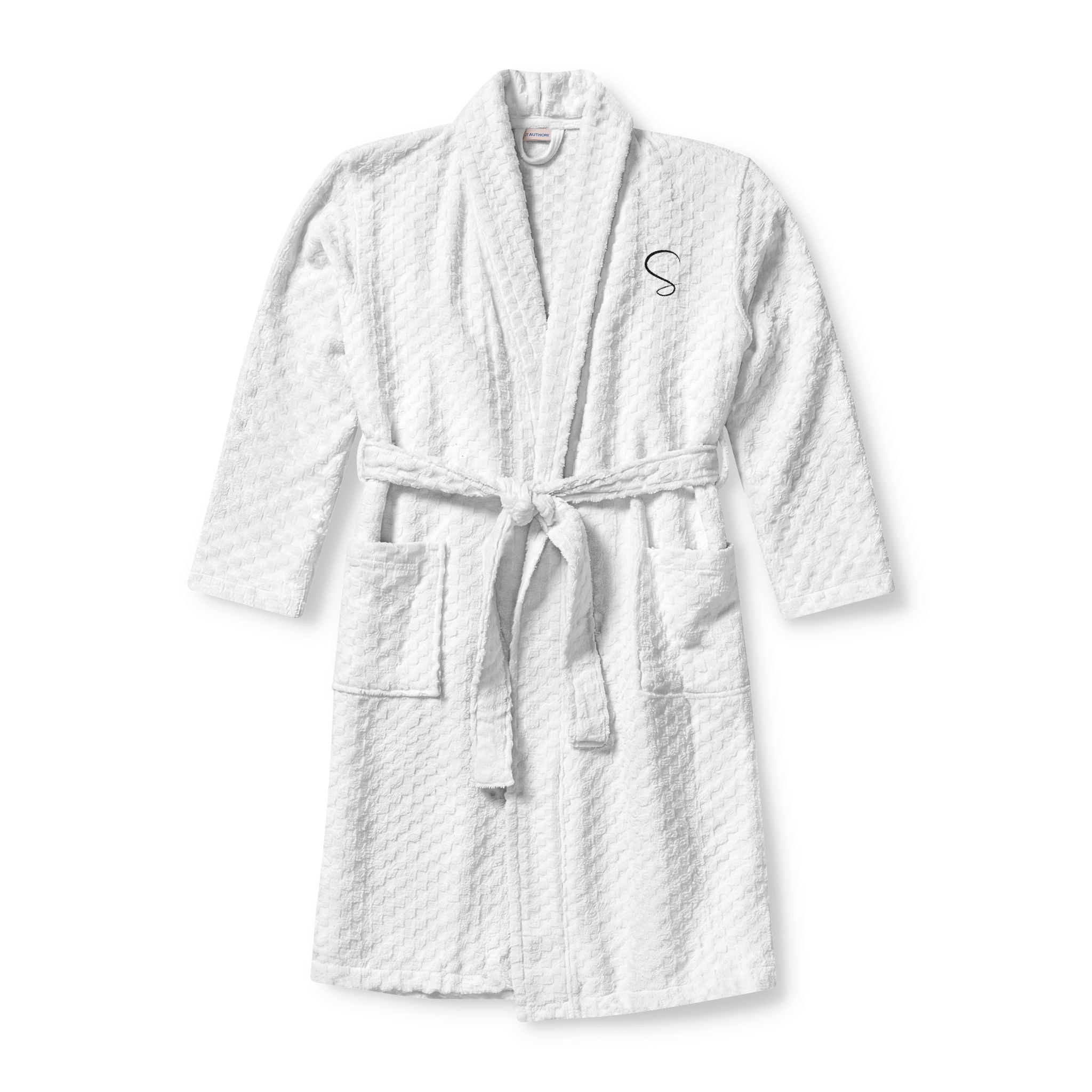 Custom embroidered white cotton terry shawl robe — hotel branded merchandise by SuiteGift