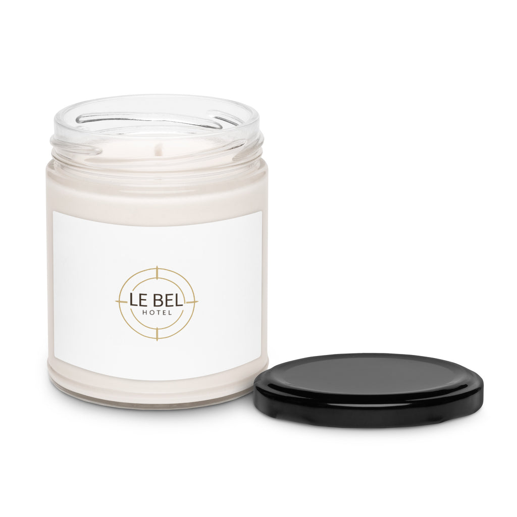 Product mockupMinimalist home decor setup featuring the Le Bell scented soy candle in a sleek glass jar